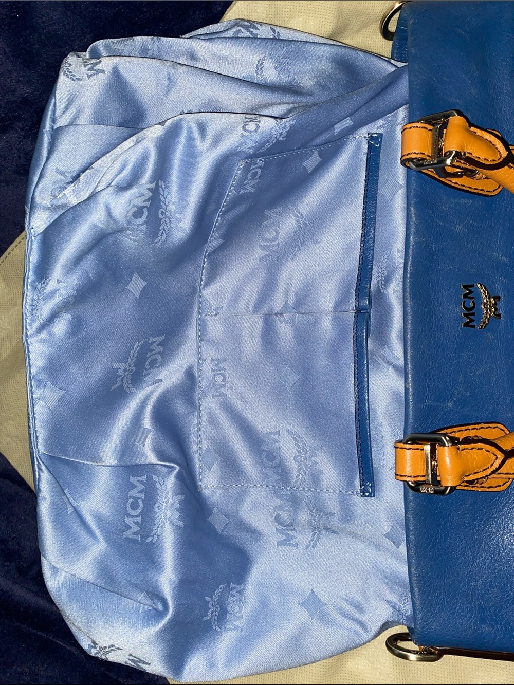 MCM Visetos Logogramme Blue Leather Satchel with Tan Handles and Gold Hardware - Picture 9 of 14